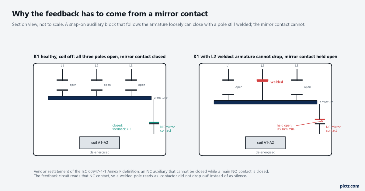 A safety contactor drawn twice in section: healthy with the coil off and all three poles open and the NC mirror contact closed, then with pole L2 welded so the armature cannot drop and the mirror contact is held open